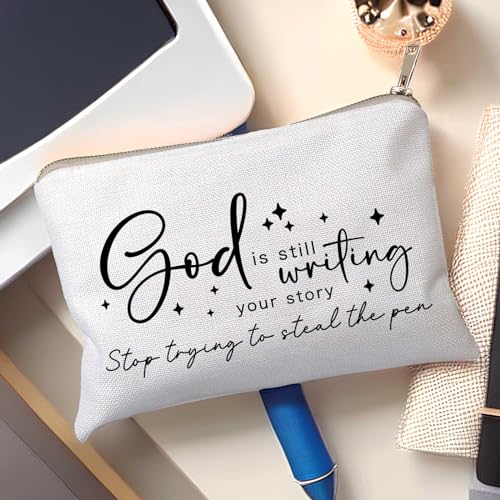 God is Still Writing Your Story Travel Bag Funny Christian Women of the Bible Makeup Bag Bible Quote Christian Quotes Scripture Makeup Pouch Linen Cotton Bag - color: God is writing