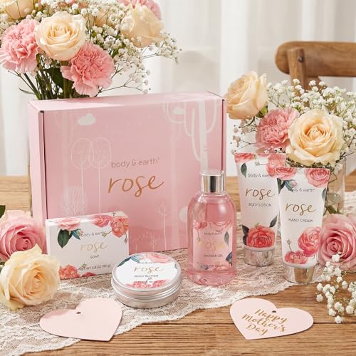 BODY & EARTH Spa Gift Set for Women - Luxurious 5 Pcs Bath and Body Box, Rose Scent, Includes Body Wash, Body Butter, Body Lotion and More, Birthday Christmas Gifts for Mom Self Care Kit for Her