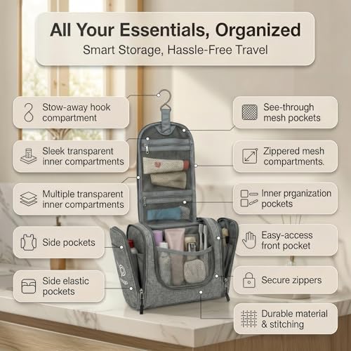 Bago Travel Toiletry Bag for Women and Men X-Large Waterproof Hanging Large Toiletry Bag for Bathroom and Travel Bag for Toiletries Organizer -Travel Makeup Bag (SnowGray) - color: SnowGray, size: X-Large