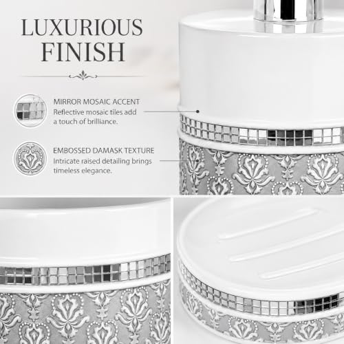 Creative Scents Mirror Damask 6 Piece Resin Bathroom Accessories Set | Includes Trash can, Tissue Box Cover, Soap Dispenser, Toothbrush Holder, Tumbler Cup & Soap Dish - color: 6 Piece Set