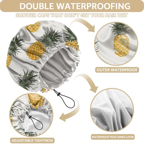 Shower Cap Adjustable Waterproof Double Layer Elastic Reusable Hair Bath Cap Cute Aesthetic for Women Girls-Pineapple - color: R12-Pineapple