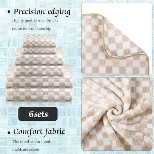 Kinlop 6 Pcs Checkered Bath Towels Set Back to School Lightweight Coral Washcloth Quick Dry Patterned Thin Coral Fleece Hand Towel for Bathroom Gym Spa Beach Accessory(Beige,Checkered) - color: Beige, style: Checkered