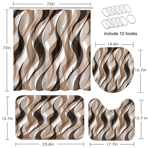 Brown Shower Curtain Set with Toilet Lid Cover and Non-Slip Rugs for Bathroom, Geometric Lines Ombre 4 Pcs Shower Curtain, Simple Abstract Modern Bathroom Set with 12 Hooks - color: Geometric Lines Brown