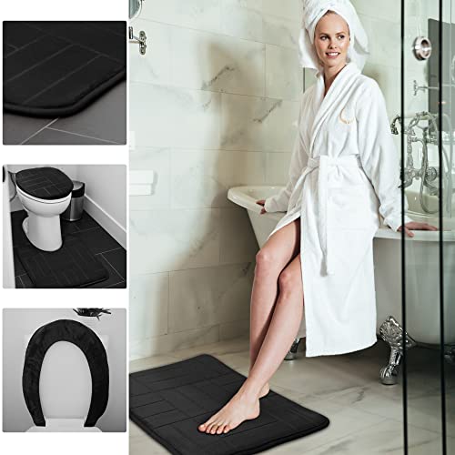 Bathroom Rug Set 5 Piece - Memory Foam Bathroom Mat Set, Soft and Comfortable, Non-Slip Thick Absorbent Bath Mats, Machine Washable, Black - color: Black/ Line