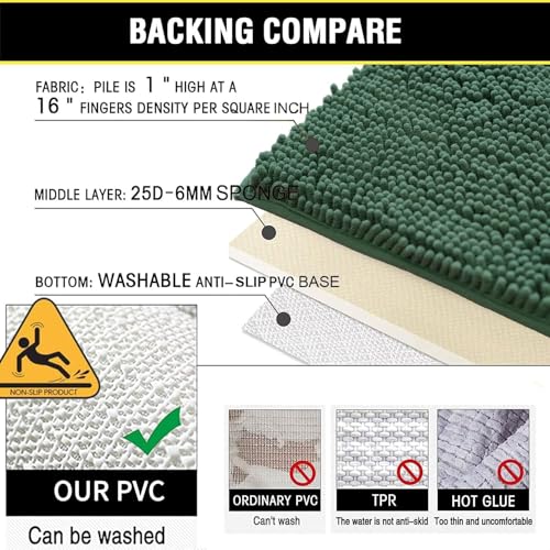 Green Bathroom Rug Chenille 3-Piece Extra Soft and Absorbent Shag Bath Mat Set, Machine Wash Bathroom Rug Set, Strong PVC Non-Slip Underside, Plush Carpet Bath Mat (Dark Green) - color: Dark Green, size: 2'8" x 1'8" (16x24"+20x32"+20x20"U shape）