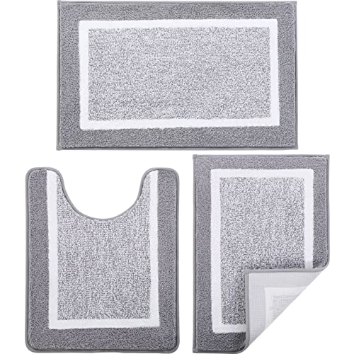 Bathroom Rugs Sets 3 Piece with U-Shaped Contour Toilet Mat Shower Rugs Absorbent Microfiber Plush Bath Mats Non Slip Bath Rugs Shaggy Floor Mats Machine Washable - color: Light Grey
