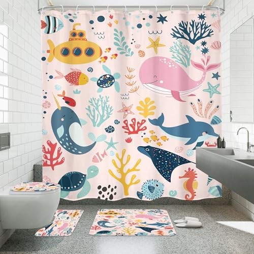 4 PCS Pink Kids Bathroom Set Summer Ocean 72Wx72H Shower Curtain Set Bath Rug Toilet Lid Cover, Nonslip U Shape Mat Whale Funny Cartoon Cute Animal Accessories 12 Hooks Bathroom Decor - color: A 03 Pink, size: 72"W x 72"L (Pack of 4)