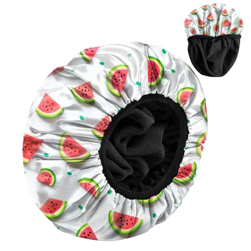 Luxury Shower Cap Terry Cloth Lined EVA Waterproof Reusable Triple Layer Elastic Hair Bath Caps for Women Girls Cute (C18-Watermelon) - color: C18-Watermelon