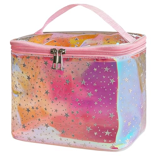 Holographic Star Print Pink Makeup Bag - Portable & Waterproof Barrel-Shaped Toiletry Bag, 8.27x6.7x6.3in Cosmetic Case for Women & Men (Red Star) - color: Holographic pink