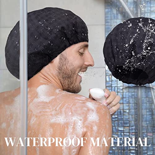 Shower Cap for Men Black Bath Cap, Reversible Large Waterproof Adjustable Shower Caps Terry Lining & Elastic Band Stretch Hem Hair Hat - color: BLACK PLAID