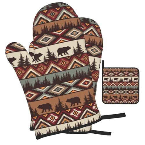 Vintage Rustic Oven Mitts and Pot Holders Sets of 3 Heat Resistant Hot Pads Bear Mountain Oven Gloves for Kitchen Cooking BBQ Baking - color: Vintage Rustic