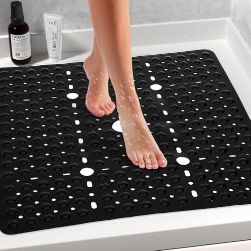 Large Square Shower Mat 27 x 27 Inch Black, Non Slip Shower Bathtub Mats for Inside Shower With Big Suction Cups Drain Holes, Anti Slip Bathroom Floor Shower Stall Mats, Easy Clean, BPA-Free - color: Black