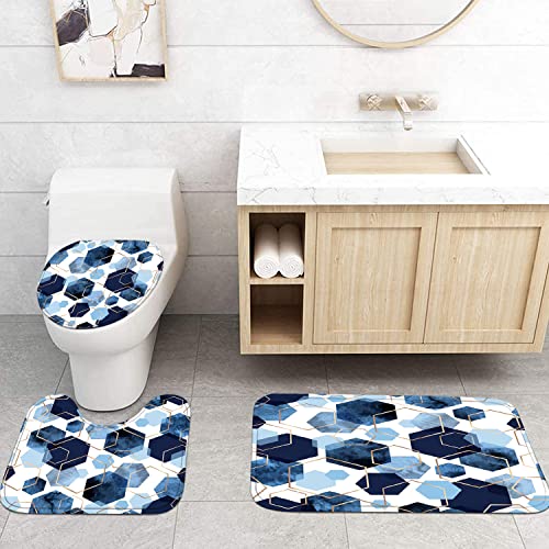 LQCOOL 4Pcs Blue Bathroom Set Geometric Shower Curtain Set Modern Art Shower Curtain for Bathroom with 12 Hooks, Bathroom Carpet Bath Mat and Toilet Rugs - color: Blue Hexagon