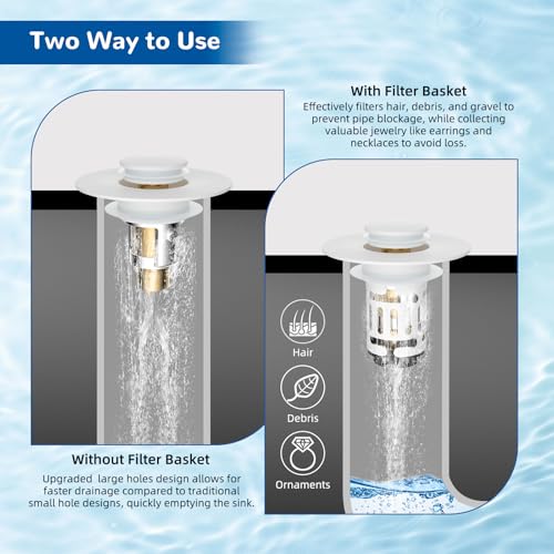 Hibbent Upgraded 3 in 1 Bathroom Sink Drain Strainer, Universal Pop Up Stopper with Removable Stainless Steel Filter Basket Hair Catcher, Sink Plug for 1.1''~2.36'' Basin, Brass Bullet Core, White - color: White