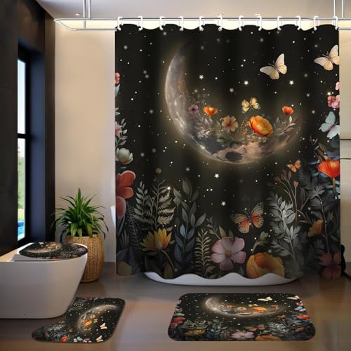 LQCOOL Shower Curtain Set 4 Pcs Black Moon Bathroom Sets with Shower Curtain and Rugs Bathroom Decor Set with 12 Hooks - color: Black Moon