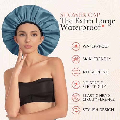 Extra Large Shower Cap for Women, Reusable Waterproof Shower Bonnet with Satin Lining, Double Layer Washable Bath Hair Cap for Braids, Locs, Long Thick Curly Hair, Natural Hair(Big Haze Blue) - color: Haze Blue