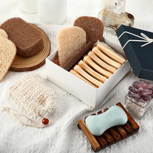 Baderke 36 Pcs Soap Saver Set for Packaging Gift Including Wooden Dish Holder Exfoliating Bag with Drawstring Soap Pads for Mother's Day Bar Wedding Baby Shower Homemade Gift(Mixed Color) - color: Wood