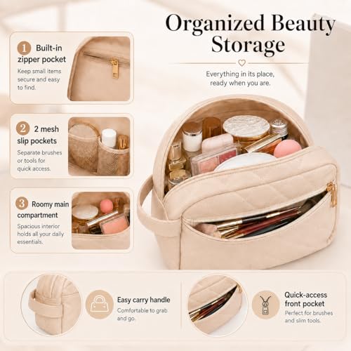 Travel Makeup Bag for Women | Quilted 9 x 4.5 x 6 in PU Leather Double-Layer Cosmetic Organizer with Mesh and Zipper Pockets, Travel Toiletry Bag, Beige - color: Quilted