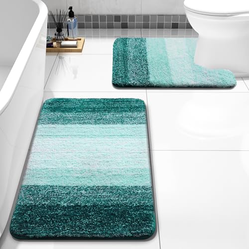 Arotive Bathroom Rugs Sets 2 Piece, Soft Absorbent Microfiber Bath Mats and U-Shaped Contour Toilet Rug, Machine Washable Dry Bath Mats for Bathroom, 30x20 and 24x20, Dark Green - color: Dark Green, size: 30" X 20" + U Shape 24" X 20"