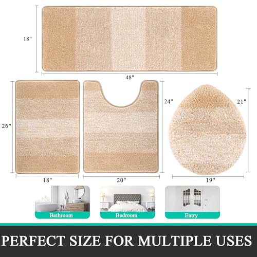 Bsmathom Bathroom Rugs Sets 4 Piece, Soft Absorbent Microfiber Bath Rugs with U-Shaped Contour Toilet Rug and Toilet Lid Cover, Thick Non-Slip Plush Shaggy Bath Mat Set,Beige - color: Beige, size: 18"x26"+18"x48"+U20"x24"+Cover19"x21"