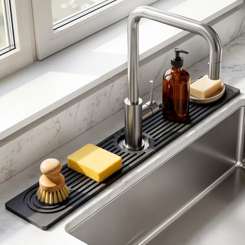 2 Pack Stone Faucet Mat for Kitchen Sink, Absorbing Drying Stone Mat Prevent Moisture, Sink Splash Guard Water,Natural Diatomite Stone Tray for Bathroom Counter 23.6*3.9inch (White+Grey) - color: White+Grey