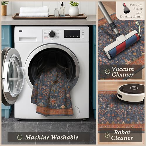 JTJ Farmhouse Kitchen Rug Set of 3 with Runner, Washable Non-Slip Low Pile Kitchen Mats, Navy Blue Vintage Distressed Floor Rugs for Sink, Laundry Room, Entryway & Hallway - color: Blue / Terracotta