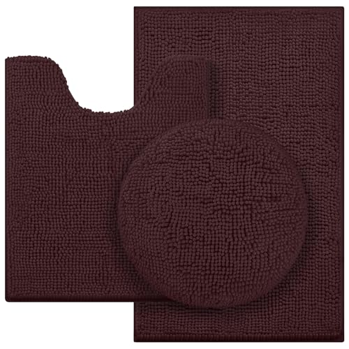 HOMEIDEAS 3 Pieces Brown Bathroom Rugs Set, Ultra Soft Non Slip Bath Rug and Absorbent Chenille Bath Mat, Includes U-Shaped Contour Rug, Bath Mat and Toilet Lid Cover Set Perfect for Bathroom - color: Brown, size: 20"x32"+U 20"x24"+Cover 18"x21"