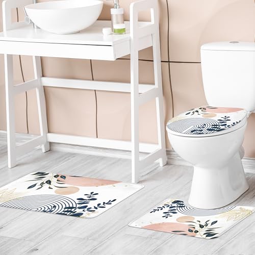 Riyidecor Boho Pink Navy Blue 4Pcs Shower Curtain Set with Toilet Lid Cover and Non-Slip Rugs, Mid Century Modern Minimalist Bathroom Decor Set，Abstract Contour and Bath Mat with 12 Hooks - color: 02pink Navy