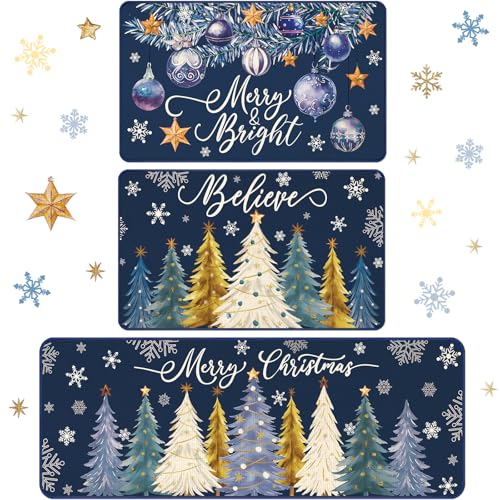 Drydiet 3 Pcs Winter Kitchen Rug and Mat Set Washable Blue Tree Kitchen Floor Mats Waterproof Non Slip Farmhouse Merry Christmas Doormat Holiday Xmas Decor for Home Office Bathroom Party Decor - color: Blue, style: Christmas Tree