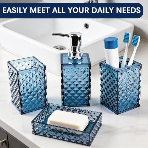 Bathroom Accessory Set, 4 PCS Blue Bathroom Accessories Set, Soap Dispenser and Toothbrush Holder Set, Soap Dish and Mouthwash Cup, Bathroom Decor, Bathroom Sets Accessories