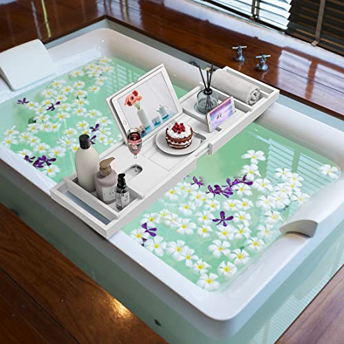 Zhuoyue Bamboo Bathtub Tray, Expandable Premium Bath Tray for Luxury Bathroom, Adjustable Bath Accessories for Tub with Soap Towel Book Holder, Extendable 29.5-43.3" White - color: White