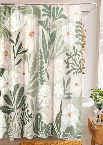 RoomTalks Cute Green Faux Linen Shower Curtain Extra Long 84 Inch - 210GSM Heavy Duty Modern Floral Matisse Spring Summer Aesthetic Botanical Shower Curtain Set with Hooks - color: Green, size: 72"W x 84"L (Pack of 1)