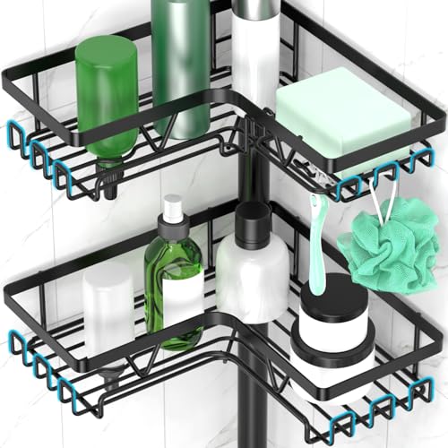 DAOYA Standing Shower Caddy Corner - 4-Tier Floor Shower Caddy Corner Adjustable Bathroom Organizers and Storage with Soap Holder & Razor, Bathroom Free-Standing Organizer for Large Bottles - color: Black-6