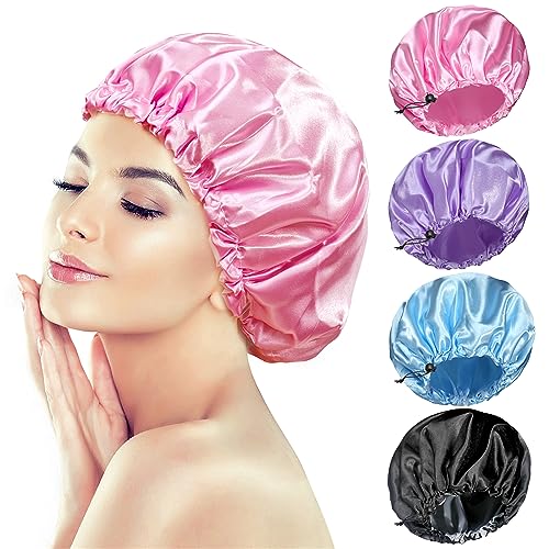 Fishent Shower Cap, 4 Packs Reusable Adjustable Double Layer Waterproof shower Caps for Women, Waterproof Bathing Shower Hat Hair Cap for Adult and Kids (Solid, Medium) - color: Solid, size: Medium