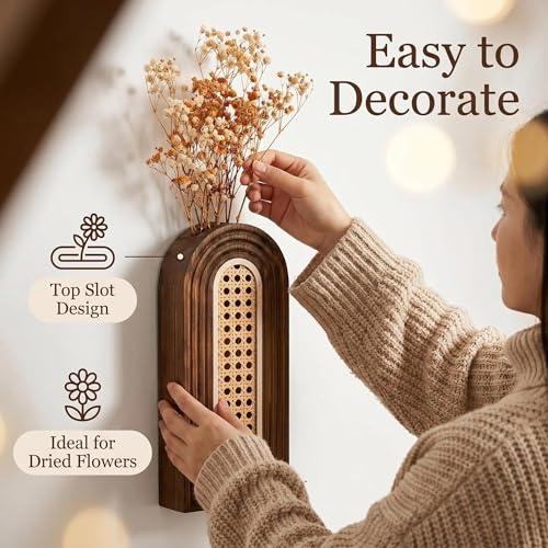 Dnnnii 2 Pack Wooden Wall Vase Set - Dark Brown Finish Hollow Rattan Modern Farmhouse & Boho Wall Decor for Entryway, Hallway, Bathroom, Living Room, Dining Room, Narrow Spaces - color: Rattan-dark Brown