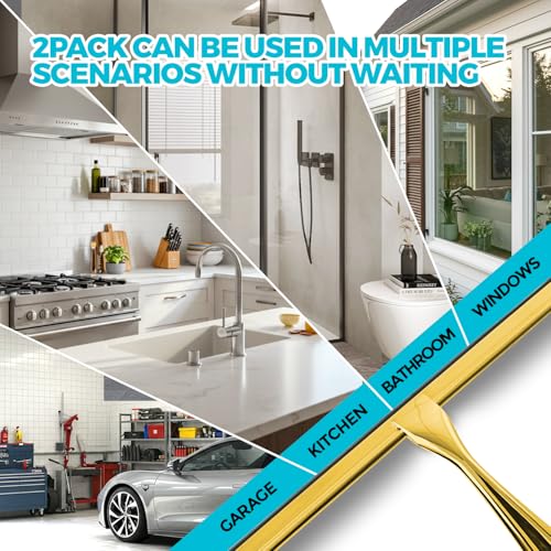 ALFLOD 2pcs Shower Squeegee for Glass Doors with Adhesive Hanging Hook Set | 10” gold, bathroom accessories, window cleaner, new home essentials, soft rubber blade, metal handle, ergonomic grip - color: Golden, size: 10 Inch