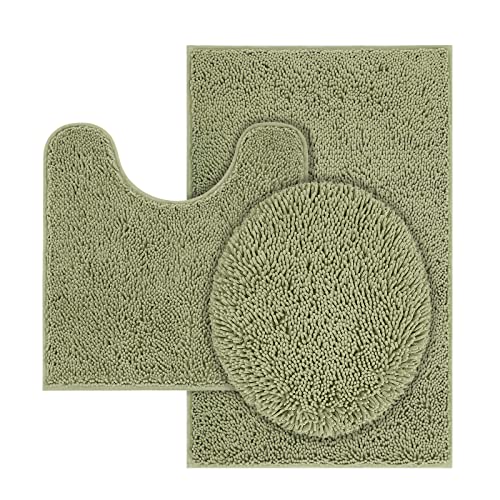 TREETONE Machine Washable Water Absorbent Bath Mat Bathroom Rugs Non Slip Soft Microfiber Mat (Set of 3-Medium 20" x 32"/Contour/Lid Cover, Sage Green) - color: Sage Green, size: Set of 3-Medium 20" x 30"/Contour/Lid Cover