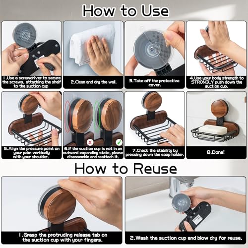 Dish Soap Holder for Shower - Suction Cup Wall Mounted Bar Soap Tray, Carbon Steel Self Draining Sponge Holder, No-Drilled Removable Adhesive Basket Caddy for Bathroom Bathtub Kitchen Sink