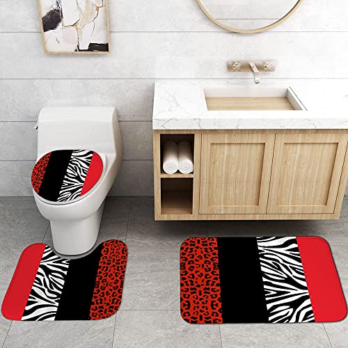 4PCS Leopard Print Shower Curtain Set with Rug, Toilet Lid Cover and Bath Mat,Red Black Splice Shower Curtain with 12 Hooks, Complete Bathroom Accessories Decor Set - color: A-red