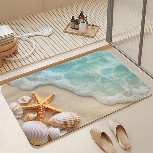 Bath Mats for Bathroom,Starfish Seashells Bathroom Rugs,Summer Ocean Beach Diatomaceous Bath Rug Quick Dry, Non Slip Super Absorbent Low Profile Doormat for Home Kitchen Patio 17 X 29.5 Inch - color: Starfish Seashells