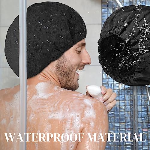 Shower Cap for Men Black Bath Cap, Reversible Terry Lined Large Waterproof Adjustable Shower Caps Elastic Band Stretch Hem Hair Hat for braids - color: BLACK