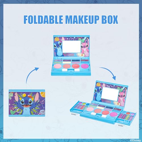 Stitch All-in-One Kids Cosmetic Compact Set Includes Washable Lip Gloss, Eye Shimmer, Cheek Shimmer, Brushes Colorful Portable Beauty Set for Girls, Tweens, by Townley Girl