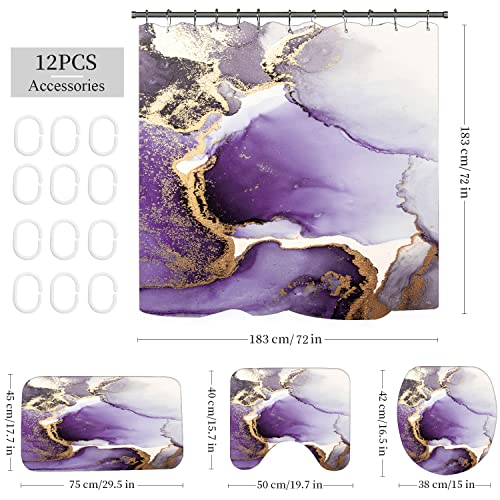 Marble Bathroom Sets with Rugs for Bathroom Decor, 72x72 Inches Gold Shower Curtain with Non-Slip Rugs and Accessories, Waterproof Machine Washable Bath (SC-Sets-purble Gold Marble) - color: Sc-sets-purble Gold Marble