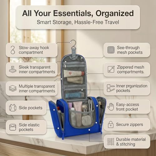Bago Travel Toiletry Bag for Women and Men X-Large Waterproof Hanging Large Toiletry Bag for Bathroom and Travel Bag for Toiletries Organizer -Travel Makeup Bag (DeepBlue) - color: DeepBlue, size: X-Large