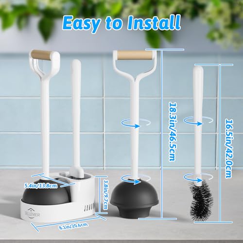 Sellemer Toilet Brush and Plunger Set, Curved Head Deep Clean, White 2 Pack | Brush and Plunger set, Curved Nylon Bristles for Deep Clean, Strong Suction Plunger, Ventilated Holder for Quickly Air Dry - color: White