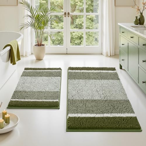 HOMEIDEAS Sage Green Bathroom Rugs, 2 Piece Thick Absorbent Fluffy Striped Chenille Bath Rugs Set, Non Slip, Soft Shaggy Bath Mats for Green Bathroom Decor, 20" x 32" Plus 17" x 24" - color: Sage Green