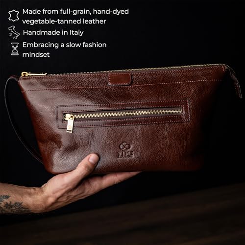 Time Resistance Leather Toiletry Bag - Dopp Kit, Full-grain Leather Cosmetic Case, Wash Bag (Brown)