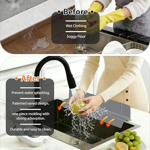 18Inch Sink Splash Guard – Extended Length & Tall Silicone Kitchen Sink Splash Guard with Overhang Drainage Design & Strong Suction Cups for Countertop(Dark Grey, 18''x3.5'') - color: Dark Grey, size: 18''x3.5''