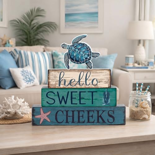 Cinnvoice 4 Pcs Sea Turtle Bathroom Decor Farmhouse Bathroom Decoration Hello Sweet Cheeks Table Centerpiece Gift for Christmas Valentines Back to School - style: Sea Turtle Hello Sweet Cheeks