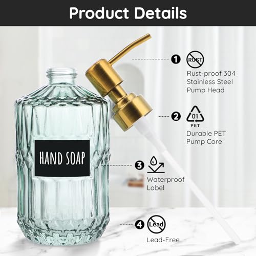 Segbeauty 15.2oz Glass Shampoo and Conditioner Dispenser with Label Stickers, 2pcs Green Glass Soap Dispensers with Stainless Steel Pump, 450ml Lotion Pump Bottle Liquid Containers for Cream Body Wash - color: Green Gold, size: 15.2oz/450ml